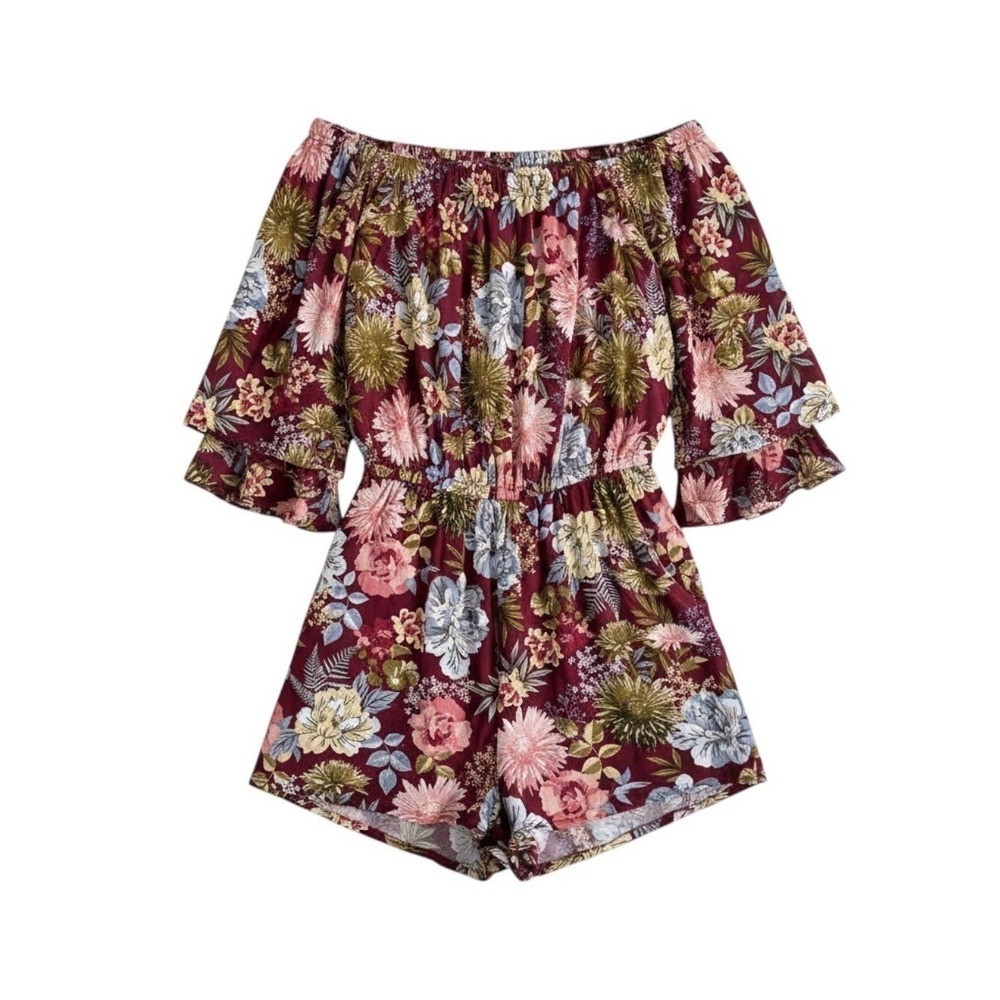TOXIK Women Burgundy Floral Off Shoulder Ruffle Sleeve Romper Medium Boho Pocket